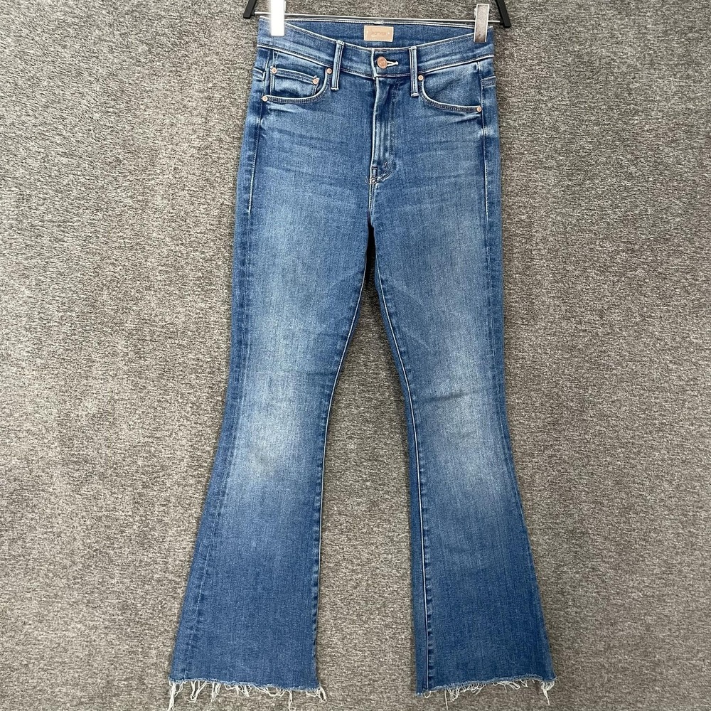 Mother The Hustler Ankle Fray Jeans Womens 24 Blue Medium Wash Flare Distressed